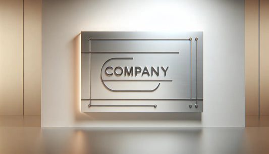 minimalistisches edelstahl firmenschild an weisser wand mit schraubakzenten in platinum polynesian blue und orange web