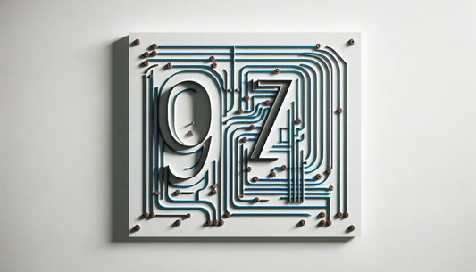 Hausnummer aus Edelstahl in Polynesian Blue mit Schraubenakzenten auf weisser Wand im architektonischen Skizzenstil