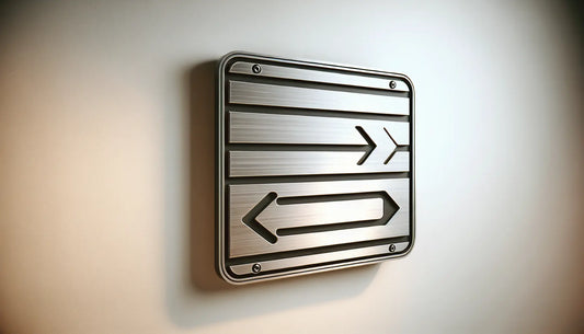 Minimalistisches Straßenschild aus Edelstahl an moderner wand mit schraubenakzent in orangem ton