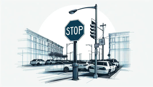 Moderne Architekturzeichnung eines urbanen Straßenschilds mit stilisierter Stoppschildrückseite parkenden Fahrzeugen und klarer Linienführung