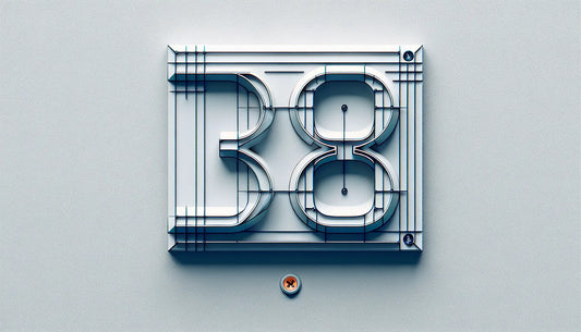 Hausnummer aus Edelstahl an weisser wand mit schraubenakzent in polynesian blue