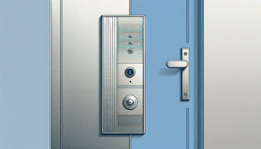 modernes klingelschild edelstahl auf haustuerplatte technische skizze mit schraubenakzent polynesian blue und platinum
