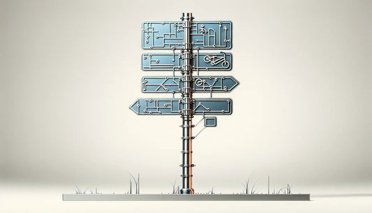 Technisches Straßenschild aus Edelstahl mit klaren Linien und Symbolen in Polynesian Blue auf hellem Hintergrund