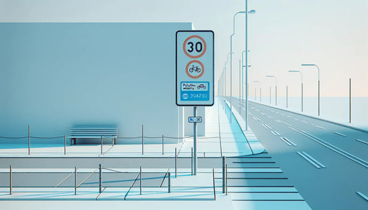 Modernes reduziertes businesstraenschild mit tempo 30 überholverbot fahrrad carsharing minimalistisches architekturskizze