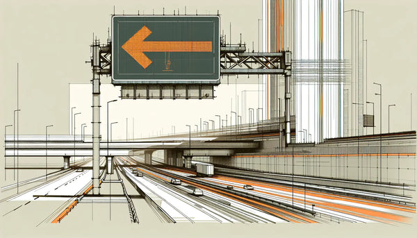 technische skizze eines digitalen autobahnschildes mit orangem pfeil auf schematischer autobaunstruktur in neutralen toenen