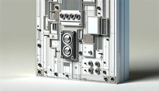 Moderne Hausfassade mit einheitlichem technischen Klingelschildsystem in Blautönen und Schraubenakzent auf weissem Hintergrund