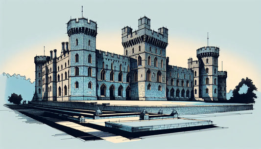 Architekturskizze von Windsor Castle bei Sonnenuntergang mit klaren Linien und reduzierten Flächen