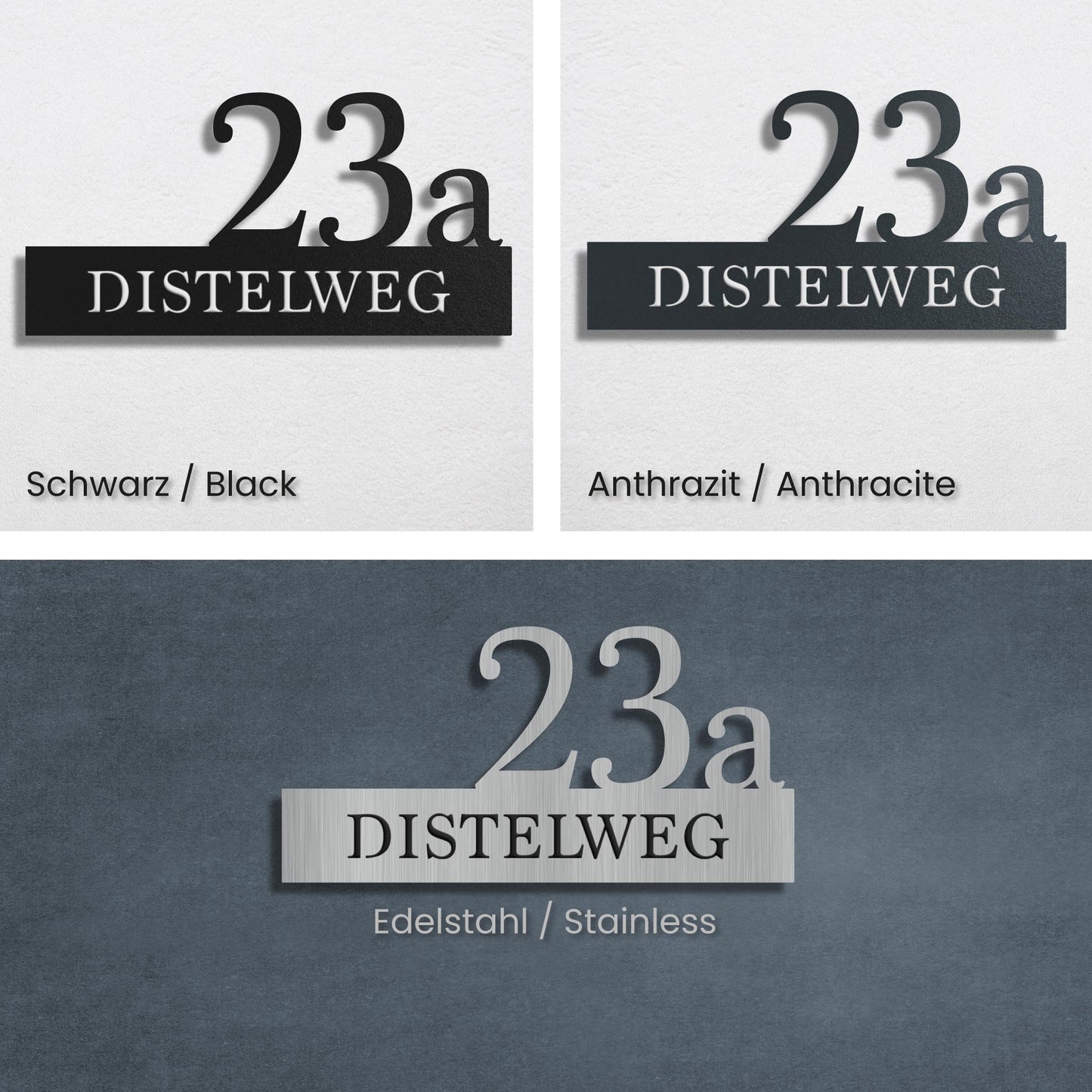 Straßenschild mit Hausnummer und spezielle Schriftart
