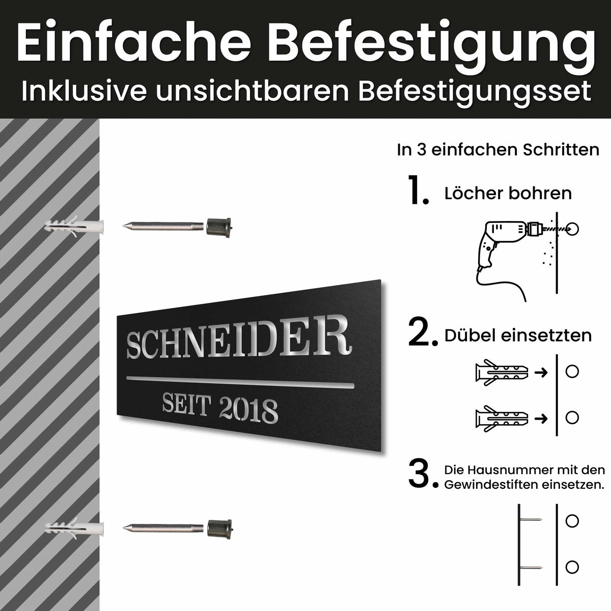 Edelstahl Hausnummernschild personalisiert – Hausschild, Montage mit unsichtbarem Befestigungsset · WesterWerk