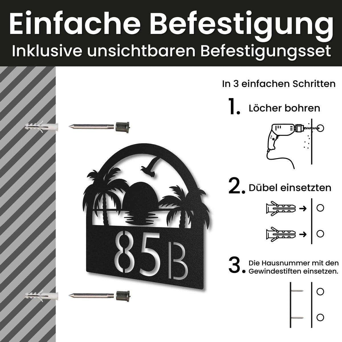 Edelstahl Hausnummernschild personalisiert – Sonnenuntergang Hausschild mit Nummer, Montage mit unsichtbarem Befestigungsset · WesterWerk
