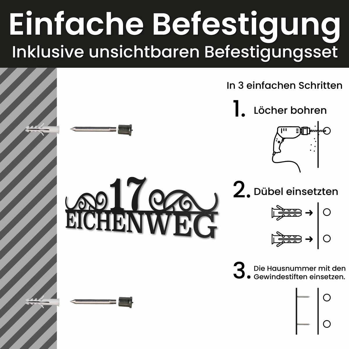 Edelstahl Straßenschild mit Hausnummer personalisiert – Klassisches Straßenschild, Montage mit unsichtbarem Befestigungsset · WesterWerk