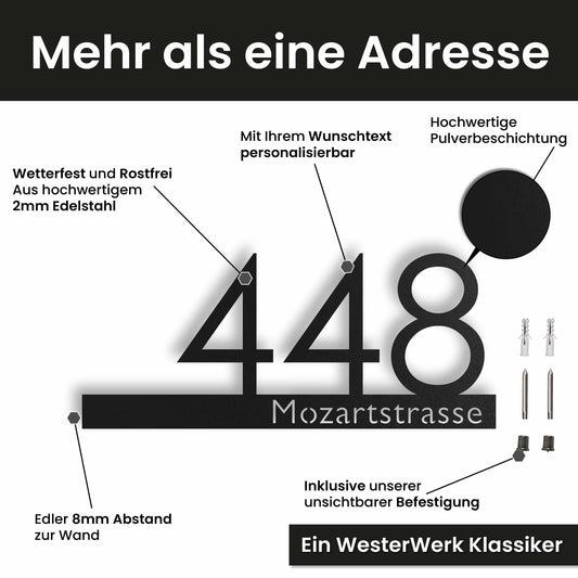 Edelstahl Straßenschild mit Hausnummer personalisiert – Straßenschild mit Hausnummer, mit Wunschnummer und Wunschtext gestalten · WesterWerk