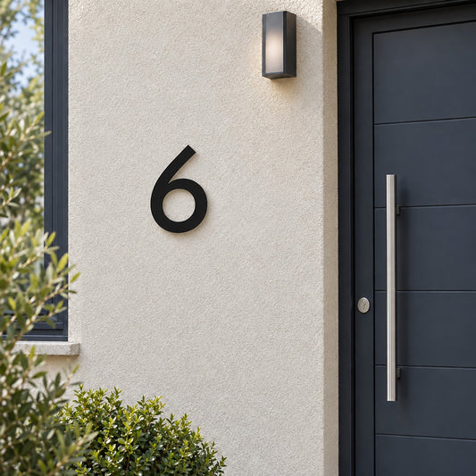 Edelstahl Hausnummer personalisiert – Geometrische Hausnummer „6“ in Schwarz neben der Haustür · WesterWerk