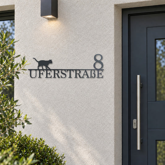 Edelstahl Straßenschild mit Hausnummer personalisiert – Straßenschild mit Katze „Uferstraße 8“ neben der Haustür, Edelstahl Anthrazit RAL 7016 · WesterWerk