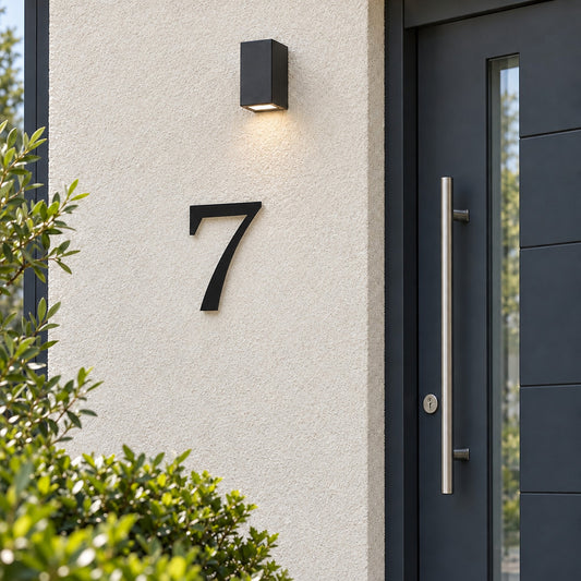Edelstahl Hausnummer personalisiert – Zeitlose Hausnummer „7“ in Schwarz neben der Haustür · WesterWerk