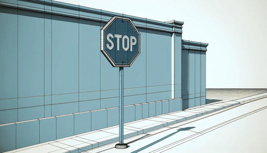 achteckiges Stopschild als technische Zeichnung in Blauton mit Schraubenakzent am Straßenrand