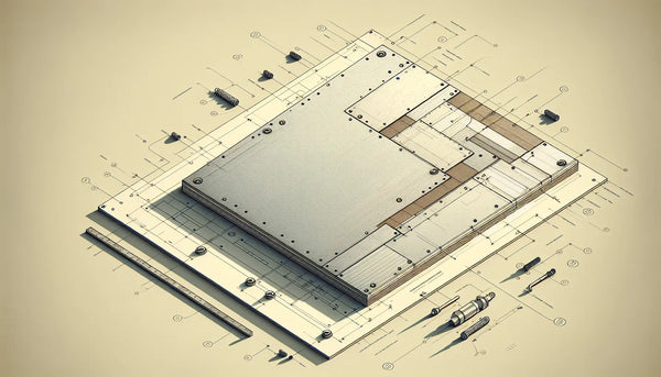 Technisch skizzierte Aluminium-Verbundplatte mit Schraubenakzenten in neutraler Darstellung ohne Umgebung