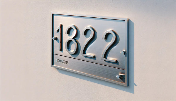 Hausnummernschild aus edelstahl an weisser wand mit schraubenakzent in polynesian blue