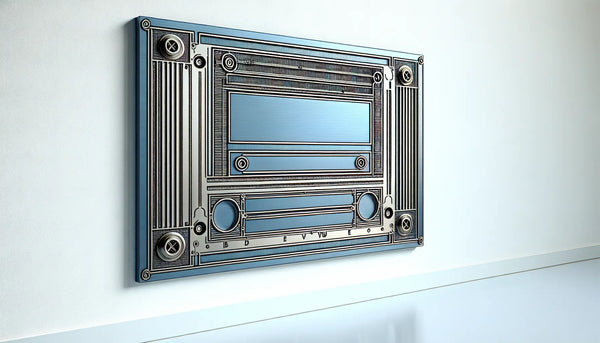 technisch gezeichnetes metall klingelschild auf weisser wand mit gravuren und schraubenakzenten