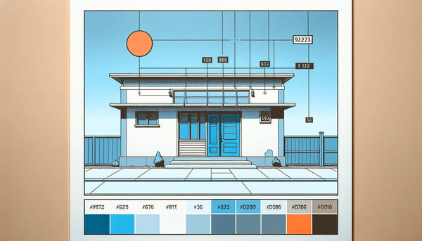 Hausnummer aus Edelstahl an weisser Hauswand im skizzenhaften Architekturstil mit Akzenten in Blau und Orange