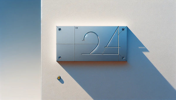 Hausnummer aus edelstahl auf weisser wand mit schraube in polynesian blue und orange web als akzent