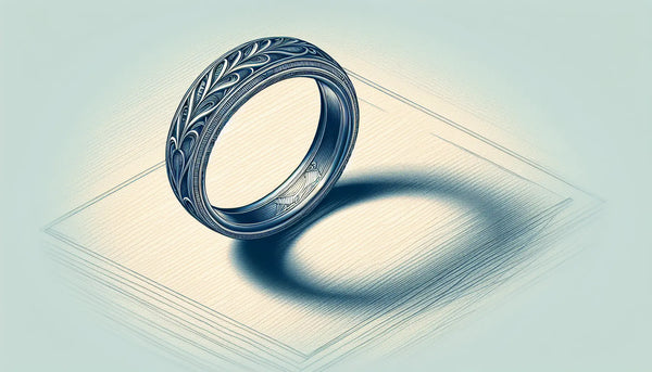 Technische Zeichnung eleganter Ring mit Gravur in Blautönen auf neutraler flacher Fläche im architektonischen Stil