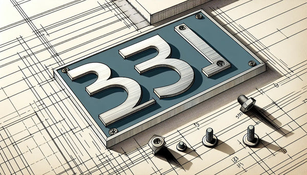 dreizeiliges hausschild aus metall an heller fassade mit klaren konturen in polynesian blue und orange akzenten