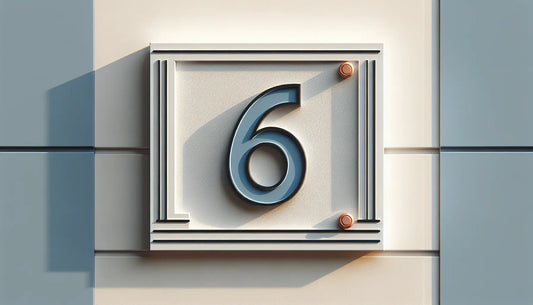 Minimalistisches hausnummernschild nummer 6 an weisser fassade mit schraubenakzent im polynesian blue