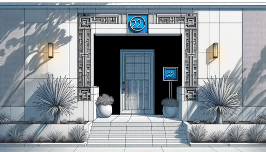 moderne hausnummer aus edelstahl an flacher wand im architektur skizzenstil mit akzent schrauben in orange und blauen zahlen