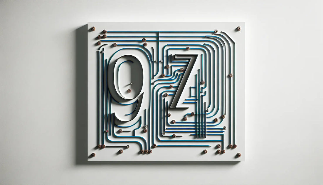 Hausnummer aus Edelstahl in Polynesian Blue mit Schraubenakzenten auf weisser Wand im architektonischen Skizzenstil