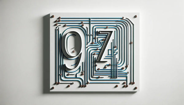 Hausnummer aus Edelstahl in Polynesian Blue mit Schraubenakzenten auf weisser Wand im architektonischen Skizzenstil