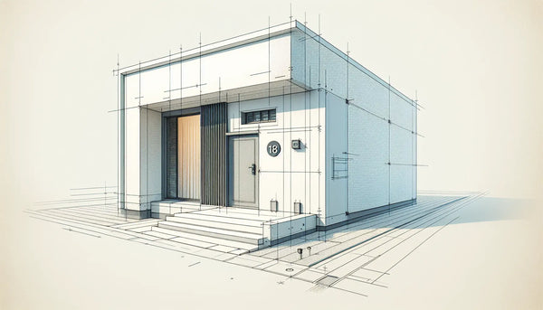 Skizzierte Hausnummer an moderner weisser Fassade mit Schraubenakzent in Polynesian Blue