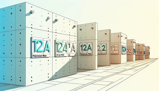 Vier unterschiedliche Hausnummernschilder 12A Schreibweisen in Blau auf weisser Wand mit orange Schraubenakzenten technische Architekturzeichnung