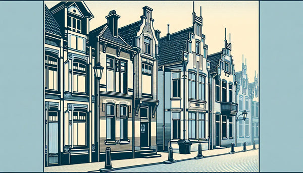 Historische Strassenszene mit alten Gebaeuden und unterschiedlichen Hausnummern in Polynesian Blue mit Schraubenakzenten auf weissem Hintergrund