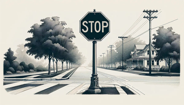 Skizziert stoppschild mit halte linie als technische zeichnung in blau und schwarz auf weissem hintergrund