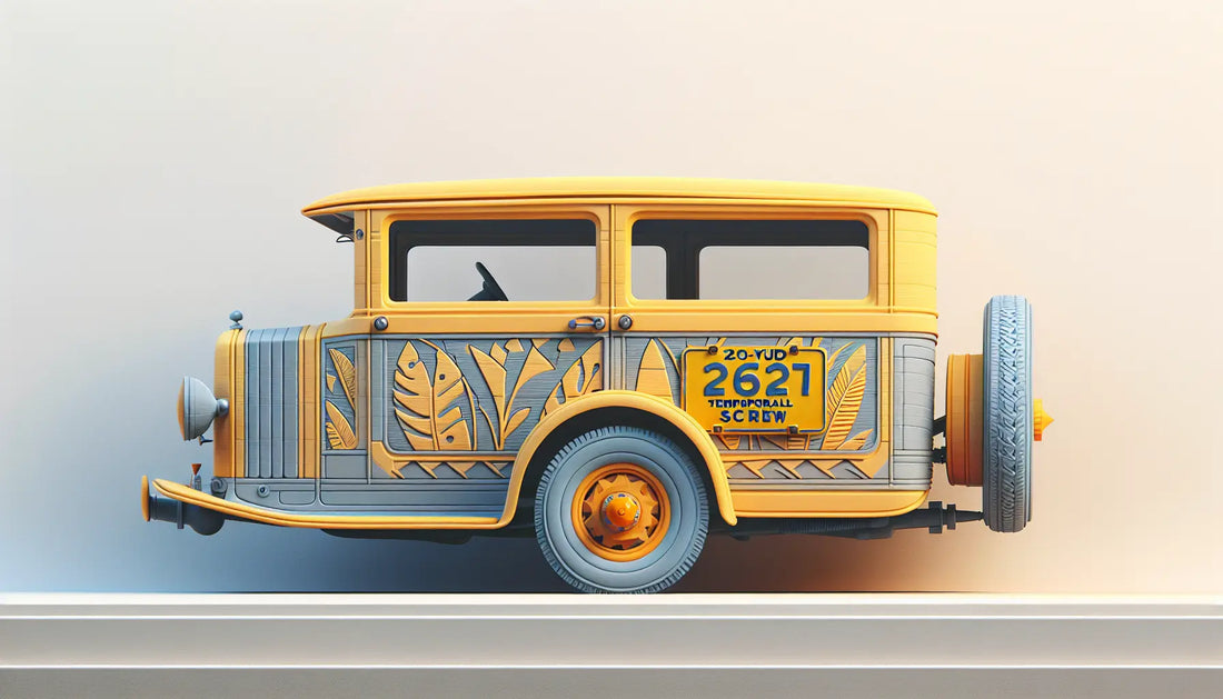 leuchtend gelbes kurzzeitkennzeichen an fahrzeugwand mit schraubenakzent in polynesian blue