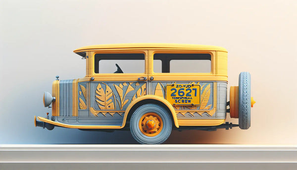 leuchtend gelbes kurzzeitkennzeichen an fahrzeugwand mit schraubenakzent in polynesian blue