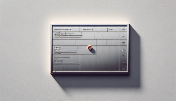 Minimalistisches Klingelschild aus Edelstahl mit feinen eingravierten Linien auf weisser Wand in technischer Zeichnung