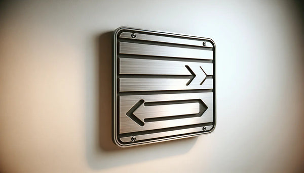 Minimalistisches Straßenschild aus Edelstahl an moderner wand mit schraubenakzent in orangem ton