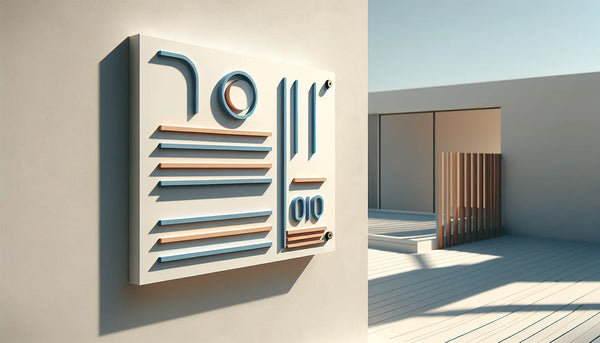 modern minimalistisches hinweisschild auf heller wand mit schraubenakzent in blau und orange