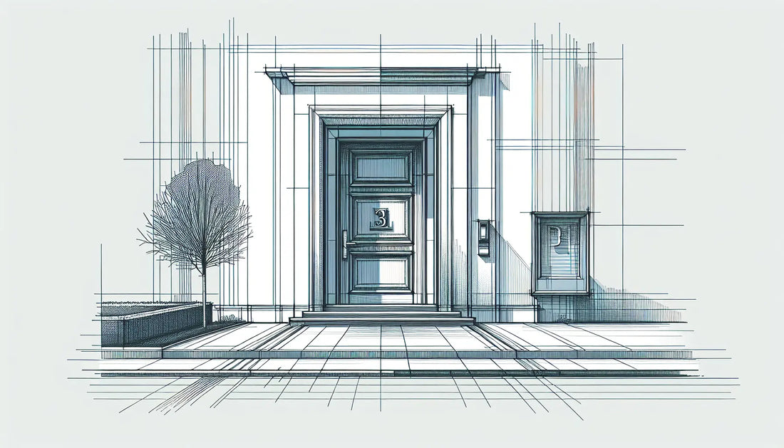 Eingangstuer mit moderner hausnummer aus edelstahl als architektur skizze in blau und orange auf weissem hintergrund