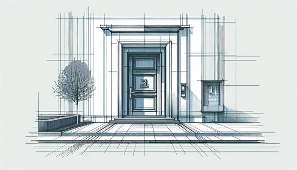 Eingangstuer mit moderner hausnummer aus edelstahl als architektur skizze in blau und orange auf weissem hintergrund