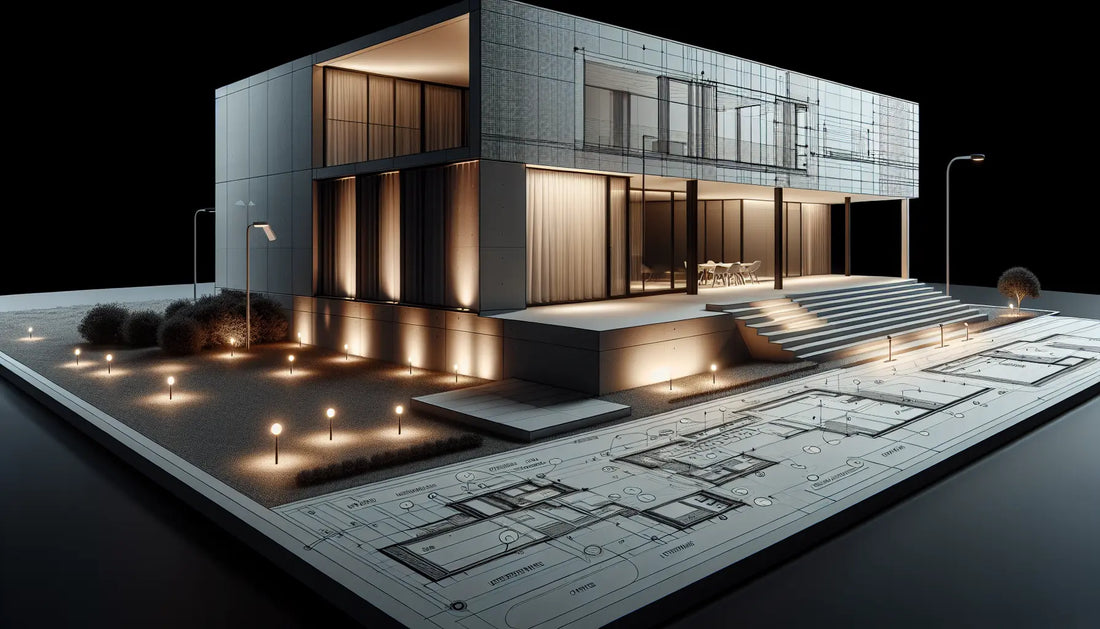 Moderne Hausfassade nachts mit skizzierter Außenbeleuchtung und klaren Linien in reduziertem Architekturstil