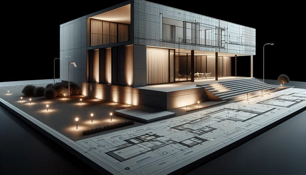 Moderne Hausfassade nachts mit skizzierter Außenbeleuchtung und klaren Linien in reduziertem Architekturstil