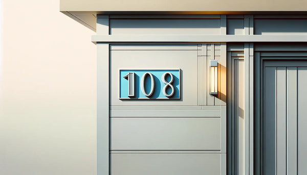 moderne hausfassade mit edelstahl hausnummer auf heller wand skizziert in polynesian blue und platinium