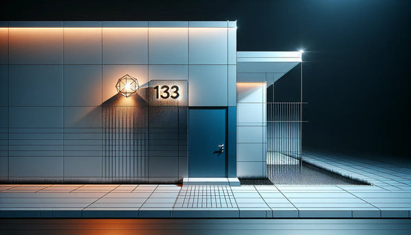 Moderne Hausfront bei Nacht mit Edelstahl Hausnummer und LED Leuchte in Blau und Orange auf heller Wand