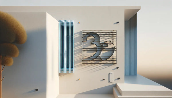 moderne hausfassade mit reflektierender hausnummer aus edelstahl in polynesian blue schlichte technische skizze