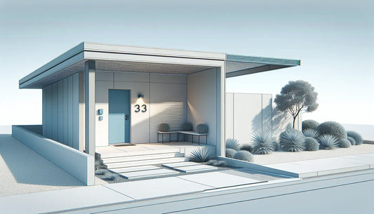 Moderne hausnummer in edelstahlblaue farbe auf weisser fassade mit schraubenakzent keine pflanzen keine menschen