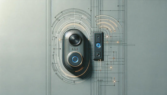 Moderne Ring Doorbell an weisser Wand mit digitalem Signal in Blautoenen kabellos verbunden