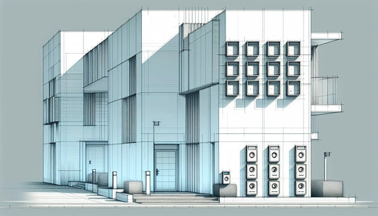 Moderne Wohngebäudefassade mit klaren Klingelschildern aus Edelstahl und orangen Schraubenakzenten im architektonischen Skizzenstil